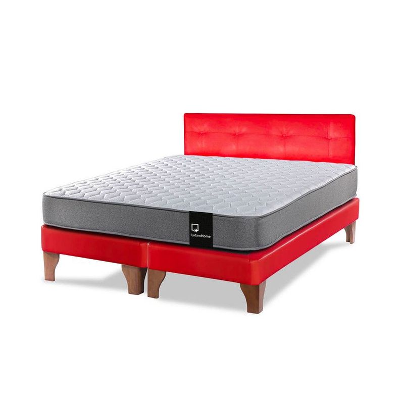Cama Europea Zen Best 2 Plazas Colchon Resortes Base Dividida + Respaldo PU Rojo