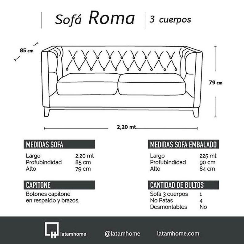 Sofa Roma 3 Cuerpos Capitoné Cuero Colorado Beige-3