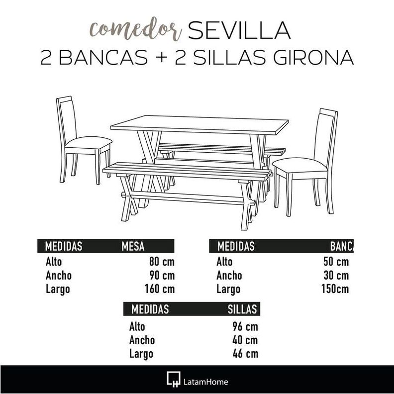Juego De Comedor Sevilla 2 Sillas Girona + 2 Bancas Cuero Kentucky Café Moro-2
