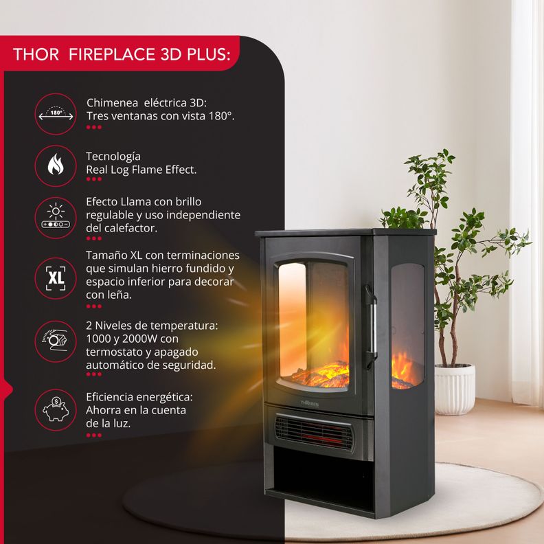 Chimenea Eléctrica 2 Potencias 2000W Thor FirePlace 3D Plus Negro-1