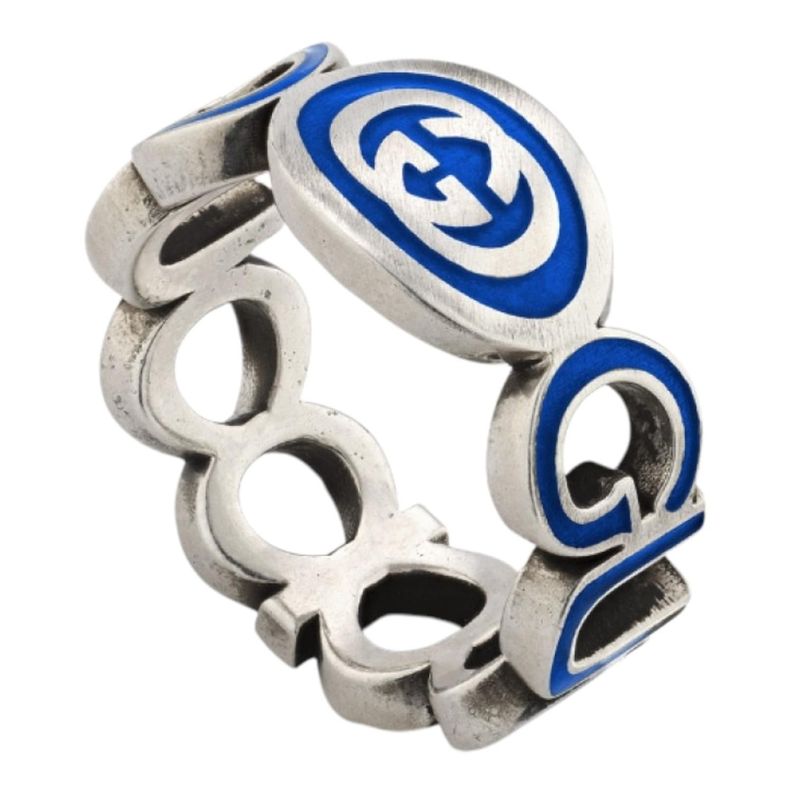 Anillo Gucci Unisex Plata Interlocking G Azul Talla 20-1