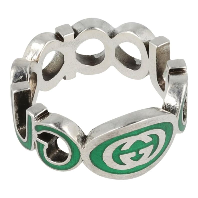 Anillo Gucci Unisex Plata Interlocking G Verde Talla 20-0