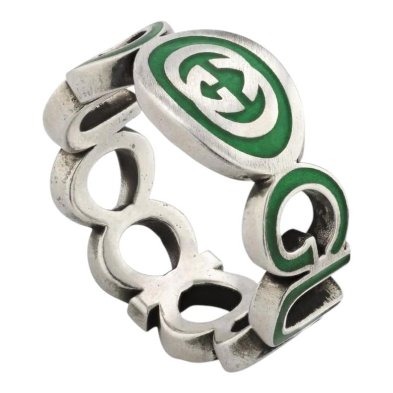 Anillo Gucci Unisex Plata Interlocking G Verde Talla 20-2