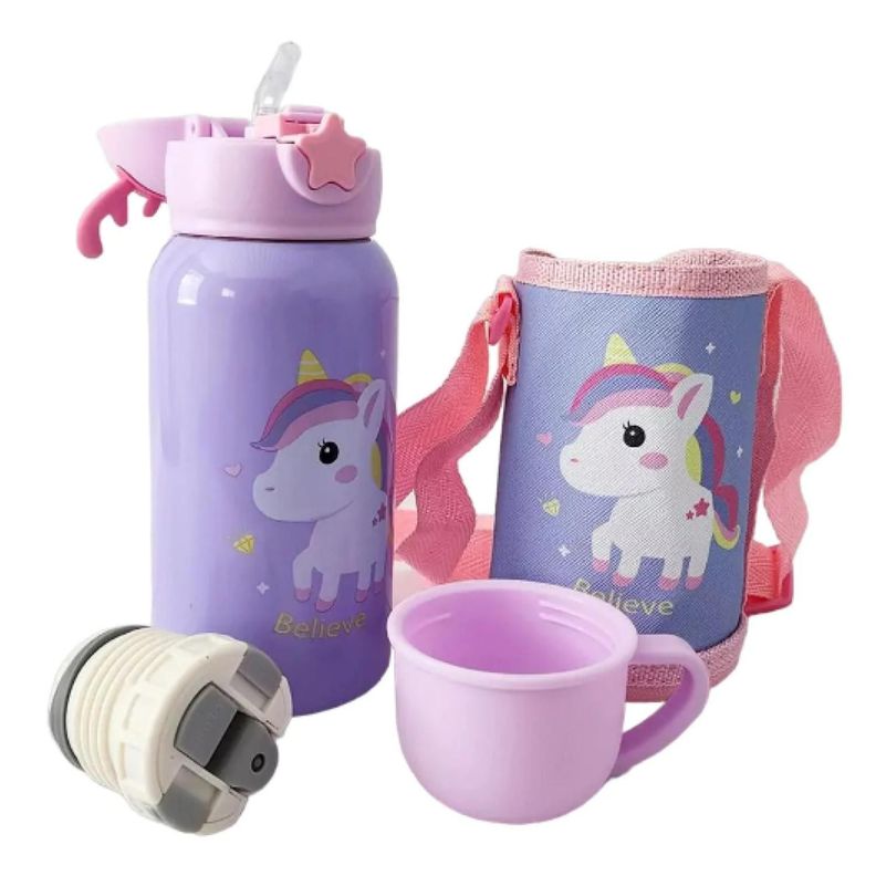 Botella De Agua Portatil 500ml Unicornio Kawaii Lila Infantil-3