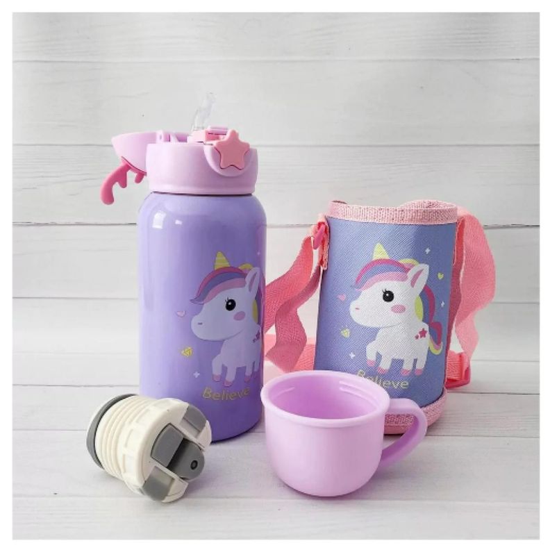 Botella De Agua Portatil 500ml Unicornio Kawaii Lila Infantil-4