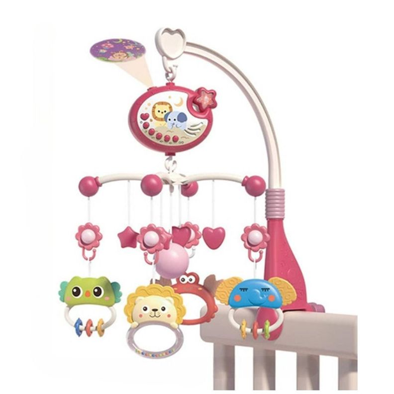 Juguete Movil Sonajero Infantil Con Luz Y Sonido Animales Rosado