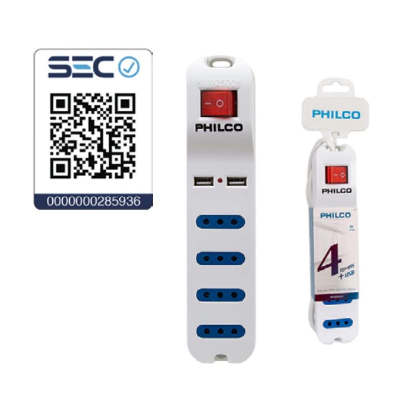 Alargador Extension 4Entradas 2USB 1.5Mts Blanco XT41 Philco-1