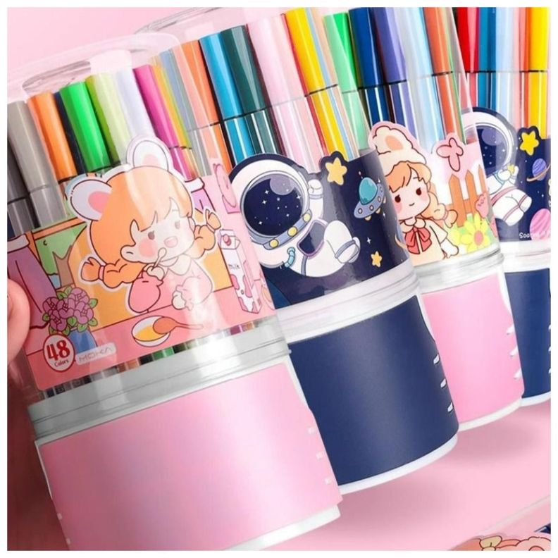 Pack 48 Lapices Boligrafos De Colores Rosado Muñeca Kawaii-1