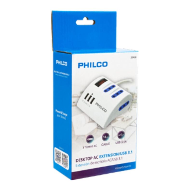 Alargador 1.5 Mts Extension De Escritorio Con 3 Puertos USB Blanco 2043B Philco-2