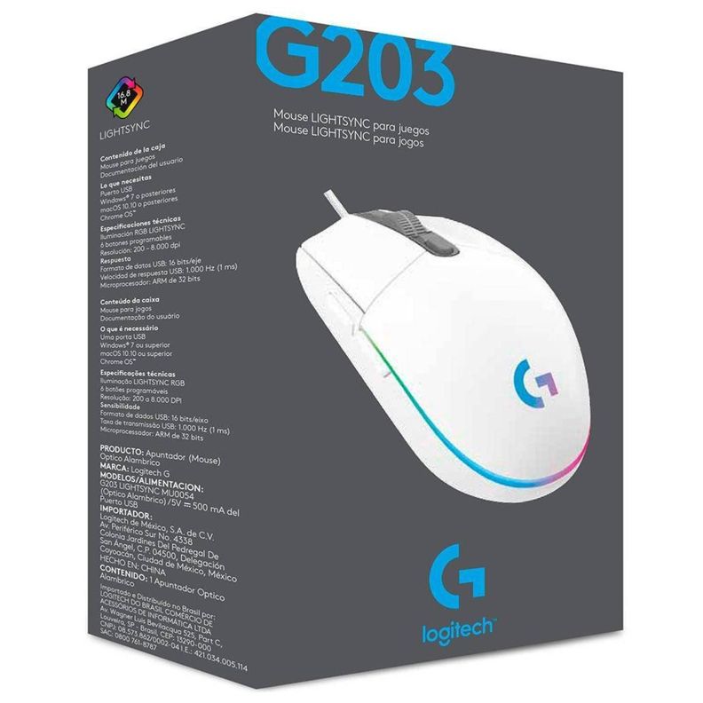 Mouse Gamer Alambrico 6 Botones 8000 DPI G203 RGB Blanco Logitech-4