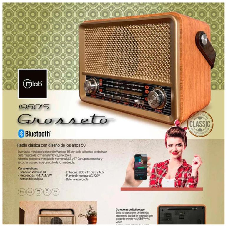 Radio Parlante Bluetooth AUX USB FM AM SW Vintage Grosseto Mlba-3