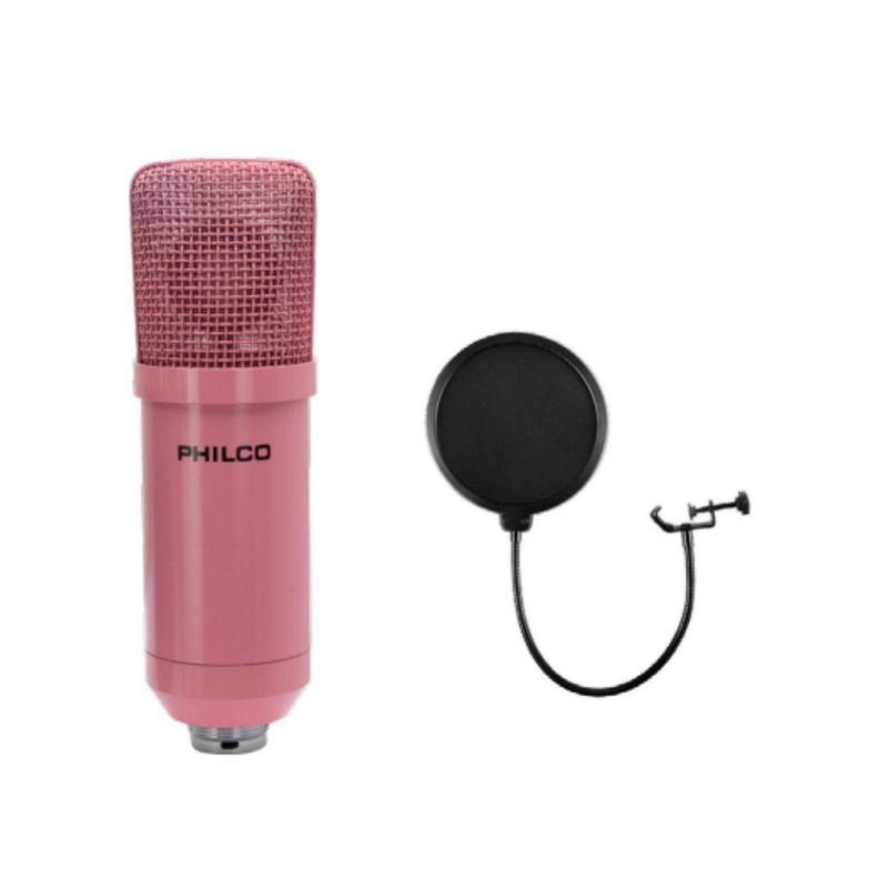 Kit Estudio Microfono Rosado Antipop Atril Metalico Philco-1