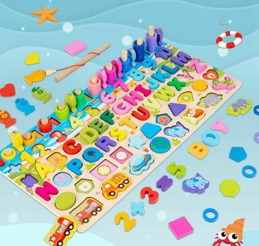 Juego madera 7 en 1 montessori  pesca numeros formas W12D469-1