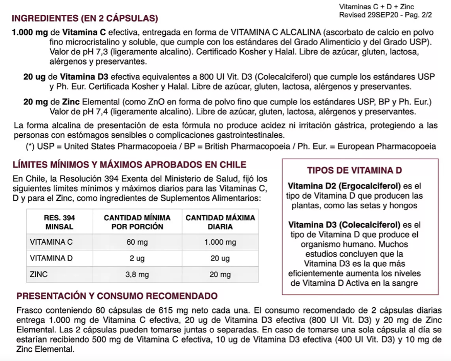 Vitaminas C + D + Zinc Vy 60 Capsulas. Sin Acidez Sin Irritacion-2