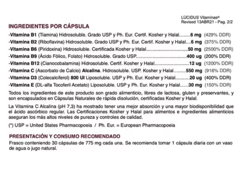 Lucidus Vitaminas B1 B2 B6 B9 B12 C D3 E Vy 2x30 Caps Para el Cerebro-1
