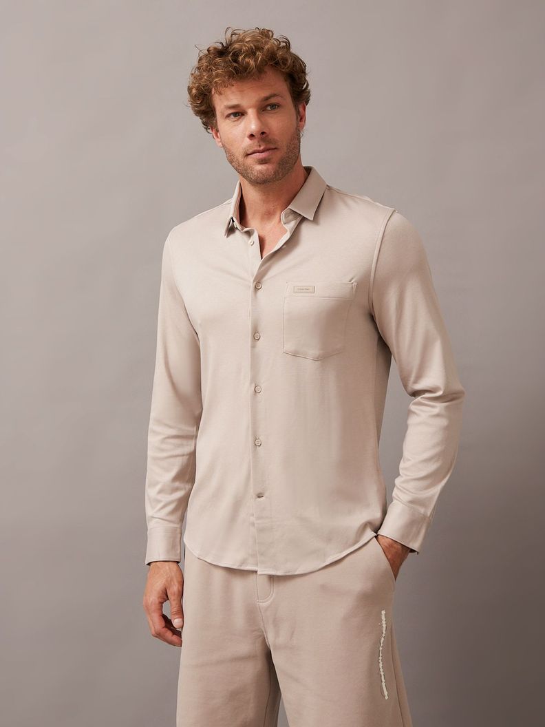 Camisa Smooth Cotton Pocket Slim Beige Calvin Klein-0