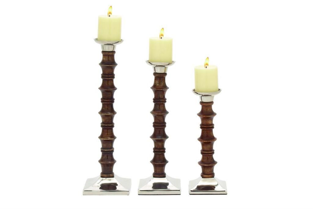 SET 3 CANDELABROS MADERA MARRON