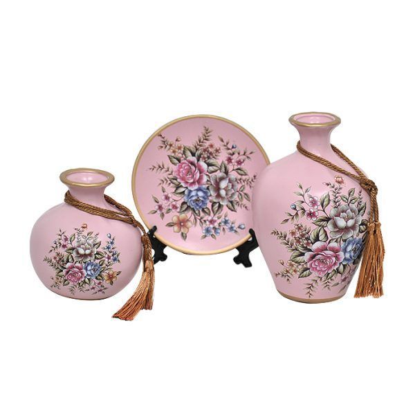 Set Floreros y Plato Decorativo Flores Rosadas