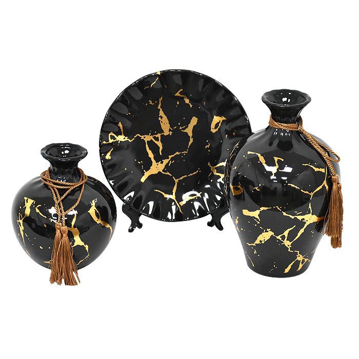 Floreros y Plato Decorativo Negro Dorado XL