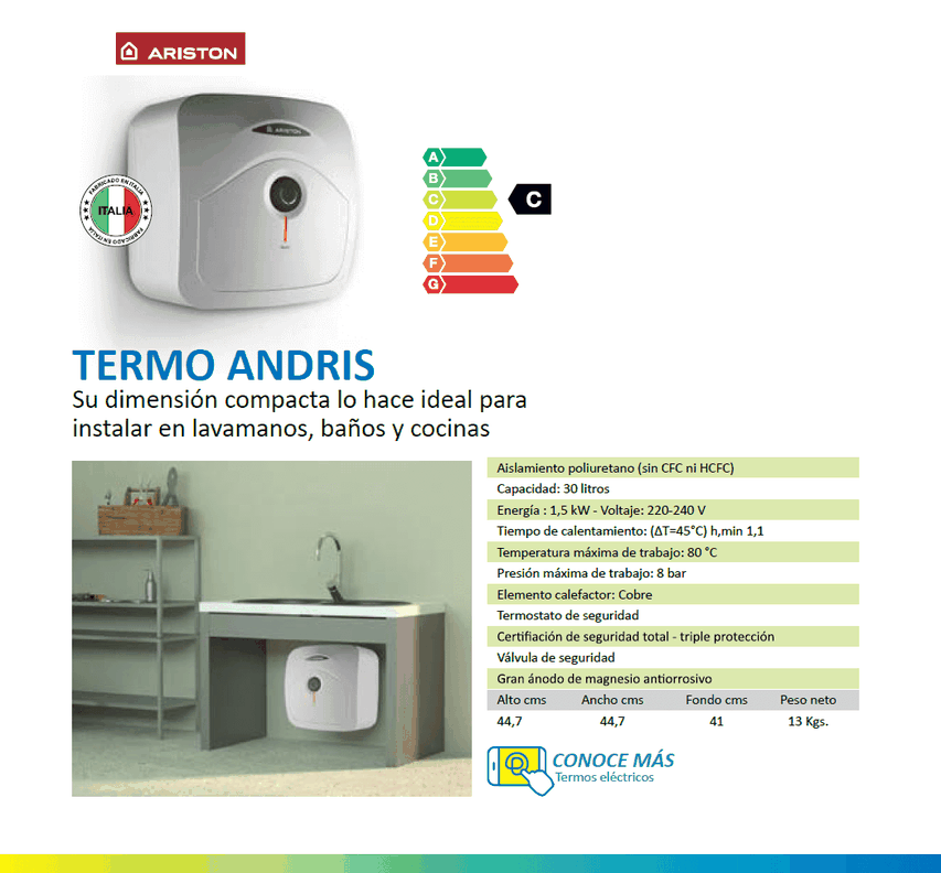 Termo Eléctrico Andris 30 Litros Italiano 1,5Kw 80°c ARISTON-6