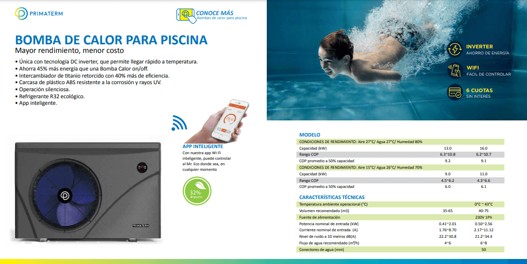 Bomba de Calor Piscina 16kW 40-75m³ Inverter PRIMATERM-5
