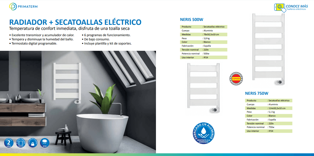 Toallero Radiador Secatoallas Eléctrico Neris 750W Blanco PRIMATERM-4