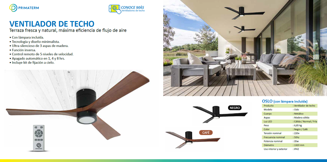 Ventilador de Techo Oslo Café con Iluminación Led 3 Colores 52” PRIMATERM-4