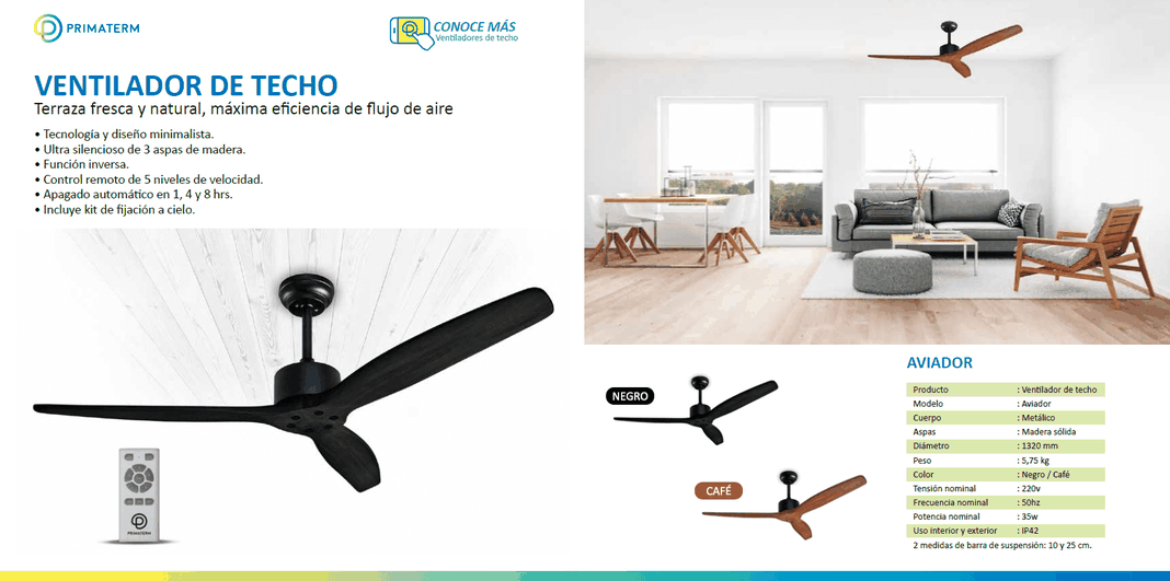 Ventilador de Techo Aviador Café Ajustable 52” PRIMATERM-6