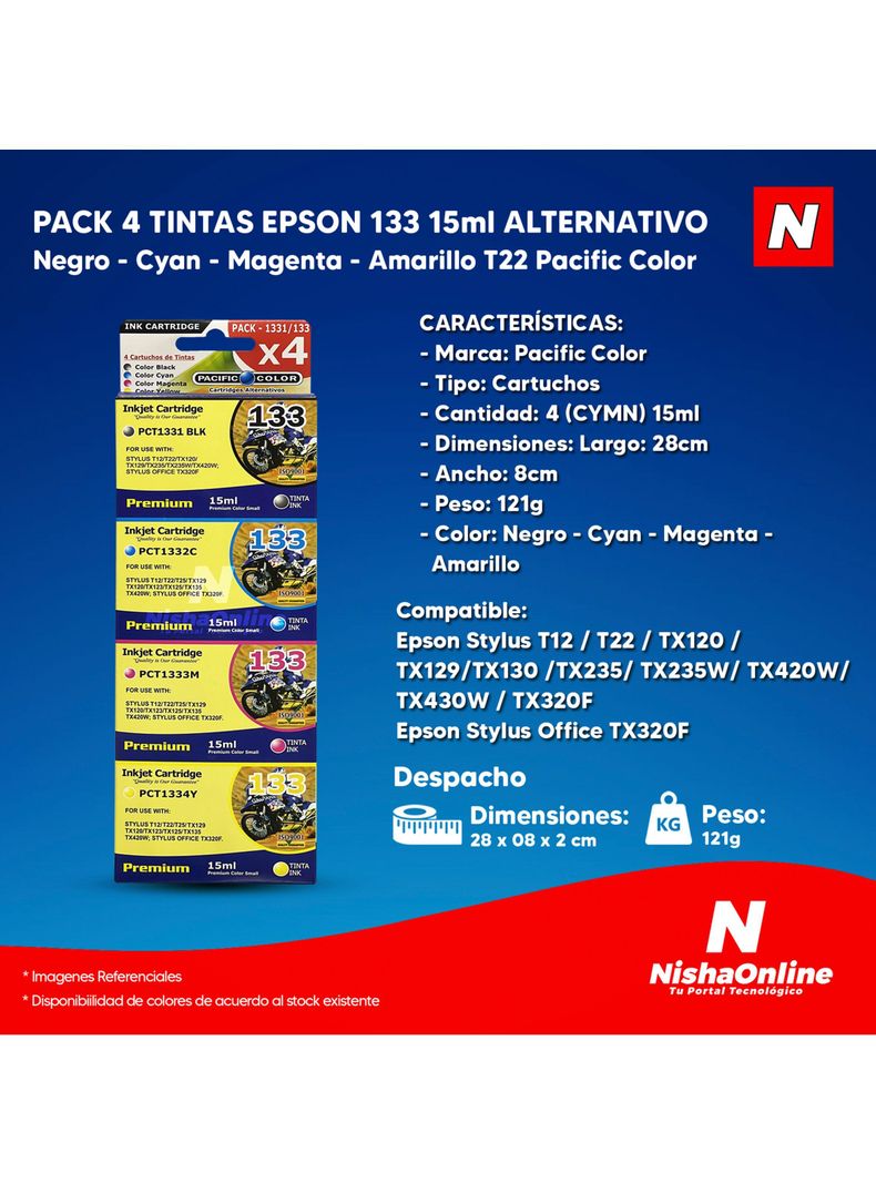 Pack 4 Tintas Alternativas 133 Epson T22 T12 TX120-1