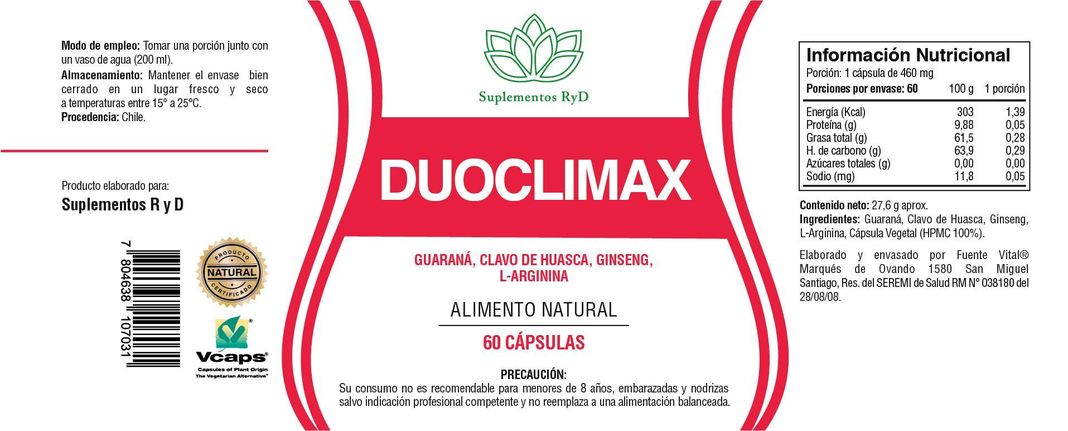 Duoclimax 60 Capsulas Vegetales potenciador sexual RYD-1