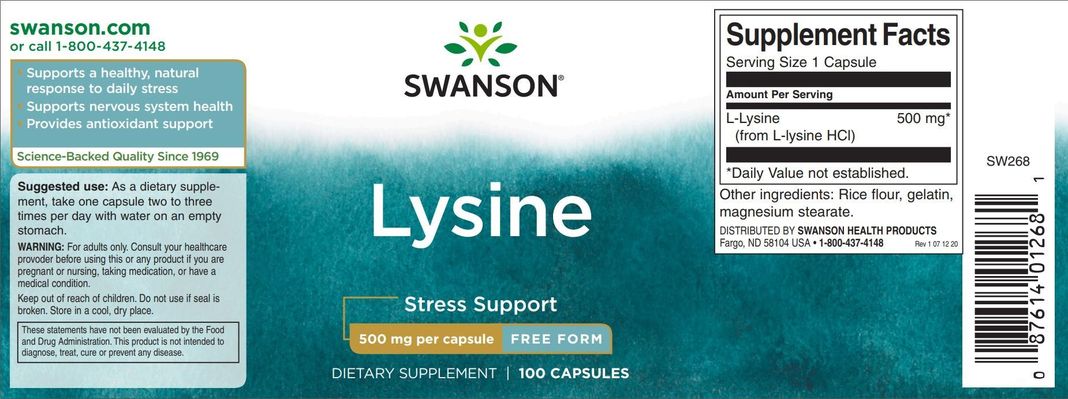 L-Lysine lisina 500 MG 100 capsulas Swanson-1
