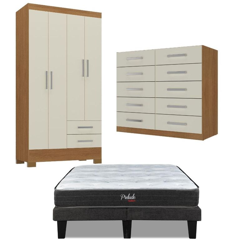 Combo Cama europea prelude 2 plazas + Closet 4 puertas + Comoda 10 Cajones Off White CEP20R4210 Negro 190 CM