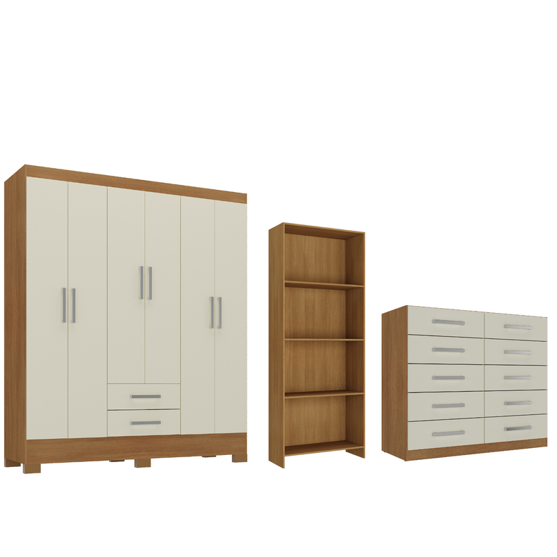 Combo Closet 6 Puertas + Comoda 10 Cajones Off White + Librero R621016 Blanco 180 CM