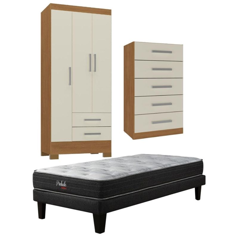 Combo Cama europea prelude 1.5 plazas + Closet 3 puertas + Comoda 5 Cajones Negro 200 CM