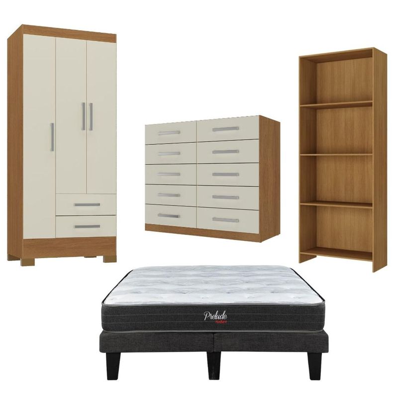 Combo Cama europea prelude 2 plazas + Closet 3 puertas + Comoda 10 Cajones + librero Off White CEP20 Negro 190 CM