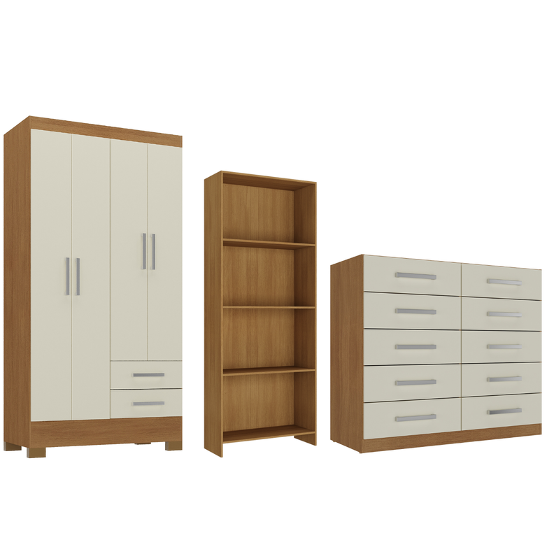 Combo Closet 4 Puertas + Comoda 10 Cajones Off White + Librero R421016 Blanco 180 CM