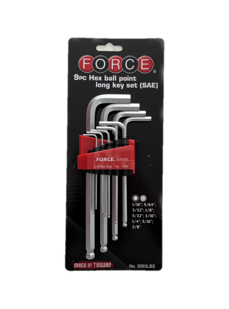 Juego Llaves Allen Largas Bola Pulgadas 9pz 1/16´´ a 3/8´´ Force 5093LBS-1