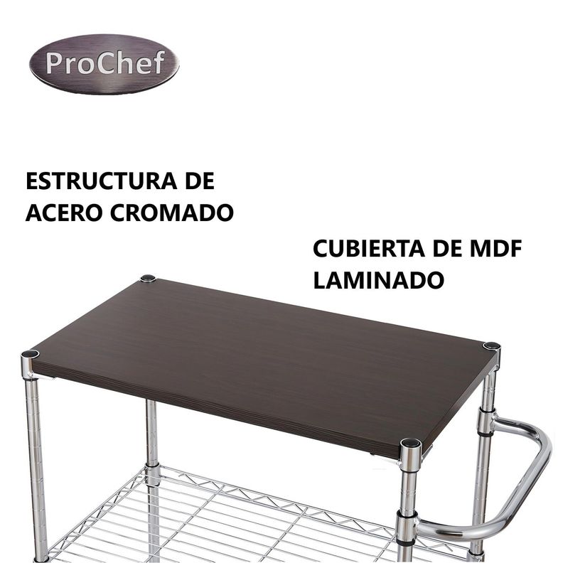 Carro Multiuso 60x35x75 cm Acero Cromado Cubierta Madera-4