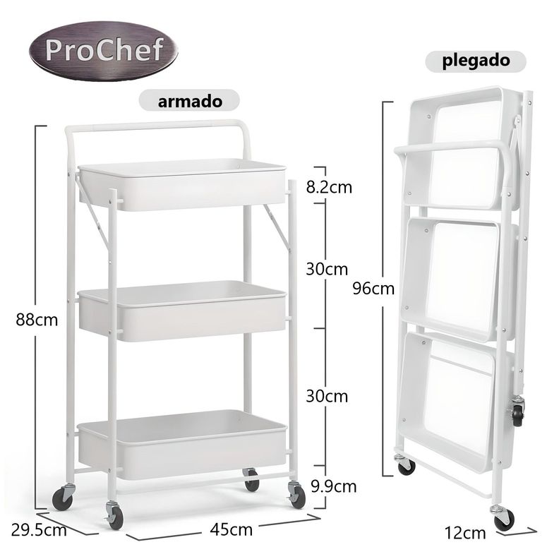 Carro Multiuso Plegable de Acero Blanco 45x30x88 cm.-4
