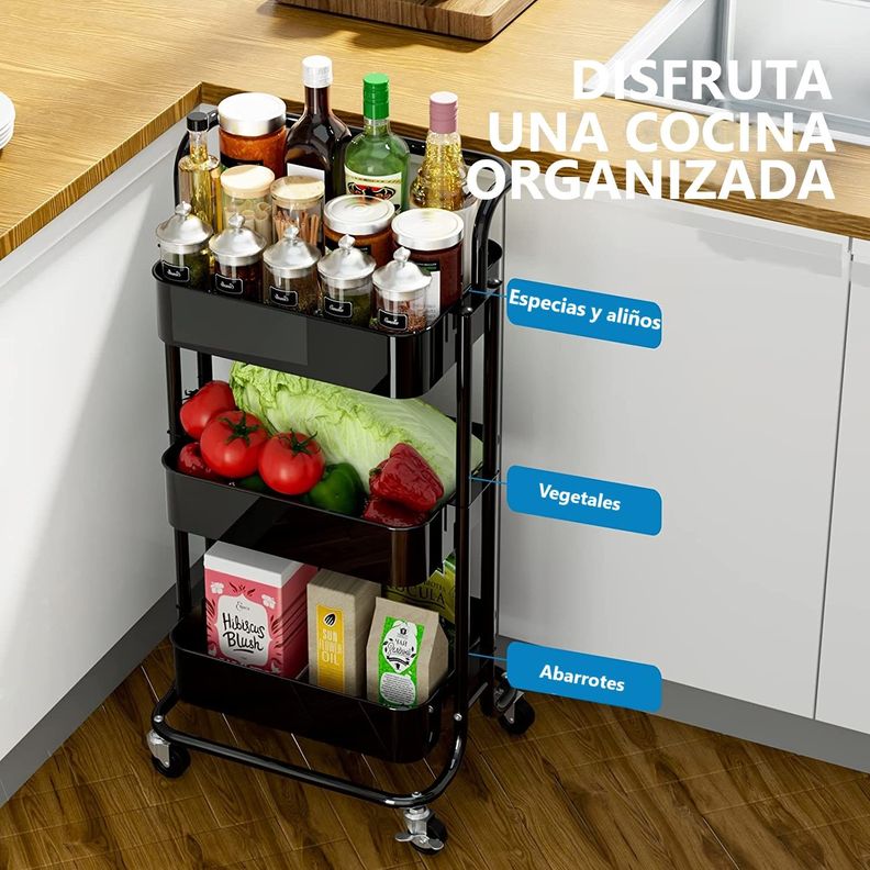 Carro Organizador Multiuso 3 Niveles 100% Acero Negro-3