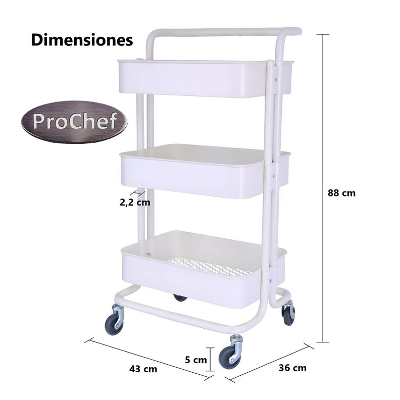 Carro Organizador Multiuso 3 Niveles 100% Acero Blanco-7