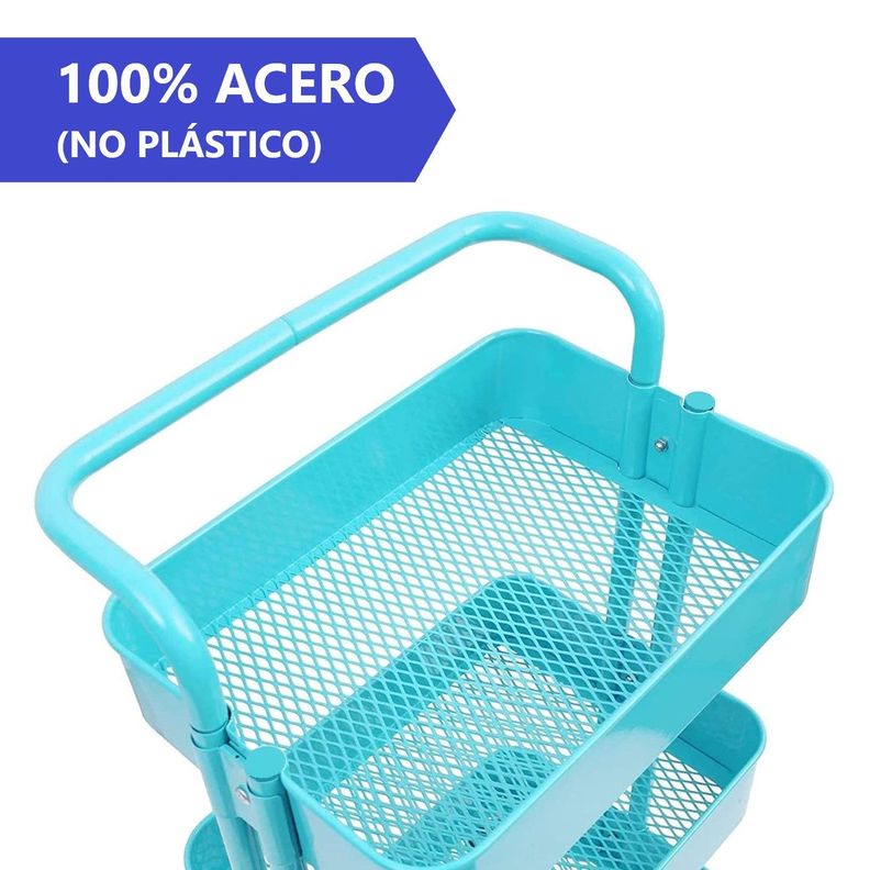 Carro Organizador Multiuso 3 Niveles 100% Acero Turquesa-2