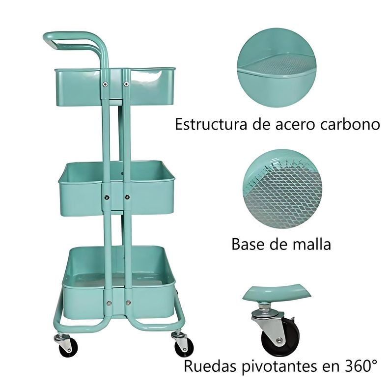 Carro Organizador Multiuso 3 Niveles 100% Acero Turquesa-3