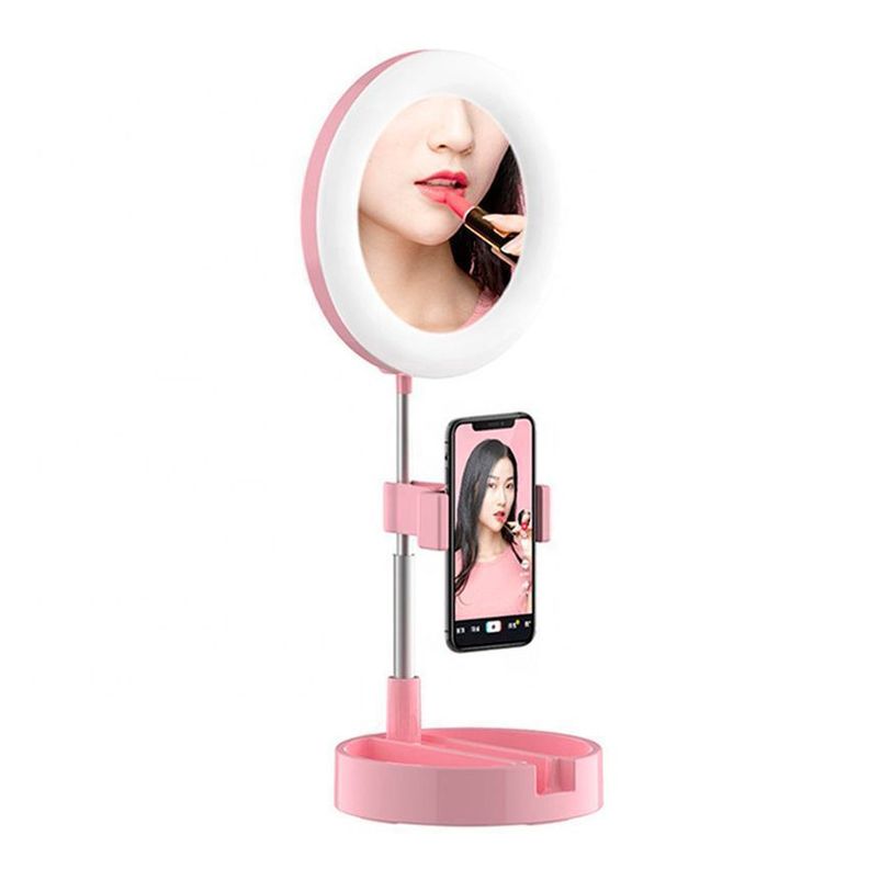 Aro LED De Luz Con Espejo y Soporte Celu 15cm Pink-0
