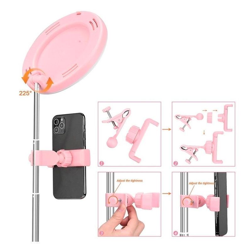Aro LED De Luz Con Espejo y Soporte Celu 15cm Pink-1