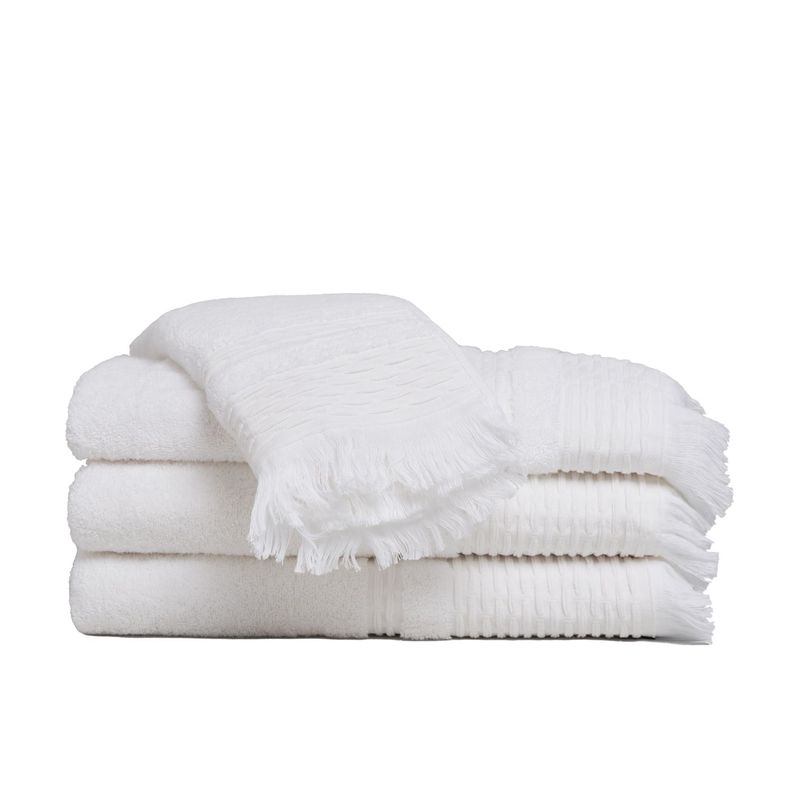 Set de toallas Premium con guarda labrada y flecos, color Blanco. 100% algodón turco 620gr.-0
