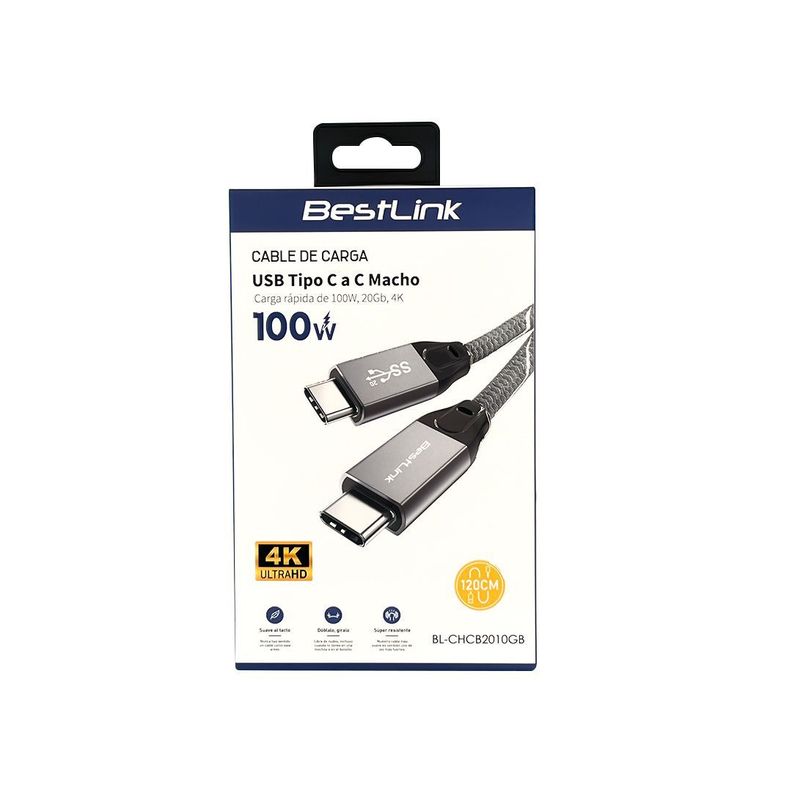 Cable USB C a C Carga Rápida 100W 20Gb 4K 1.2Mts-2