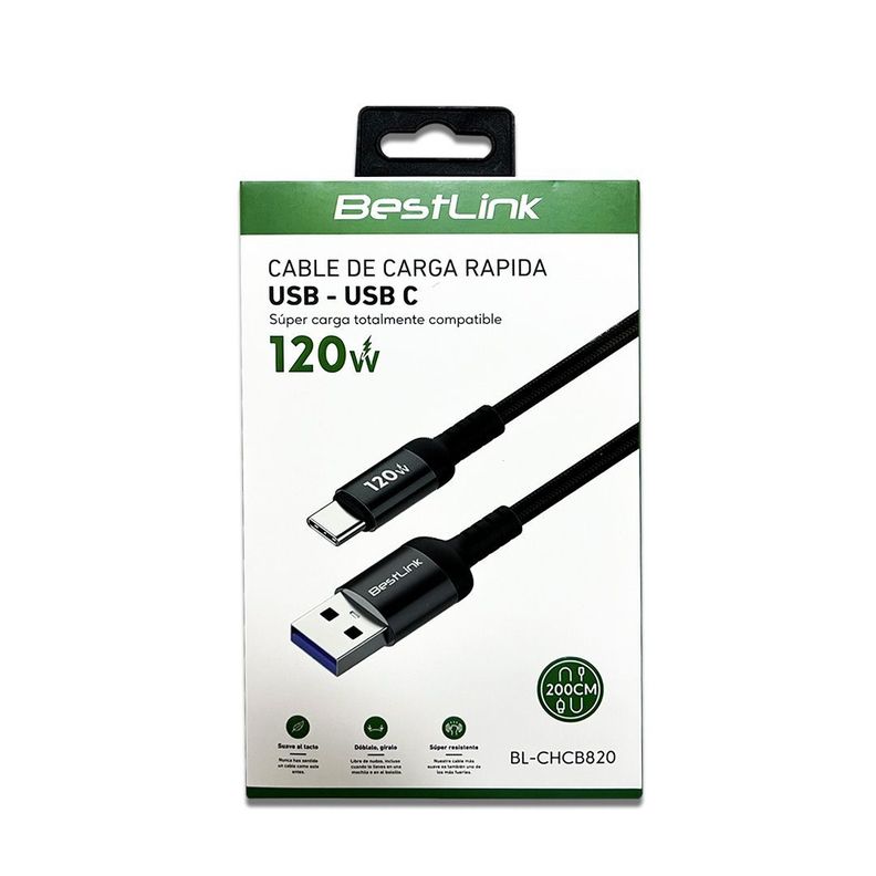 Cable USB A a USB C Carga Rápida 120W 2Mts Resistente y Antinudo-3