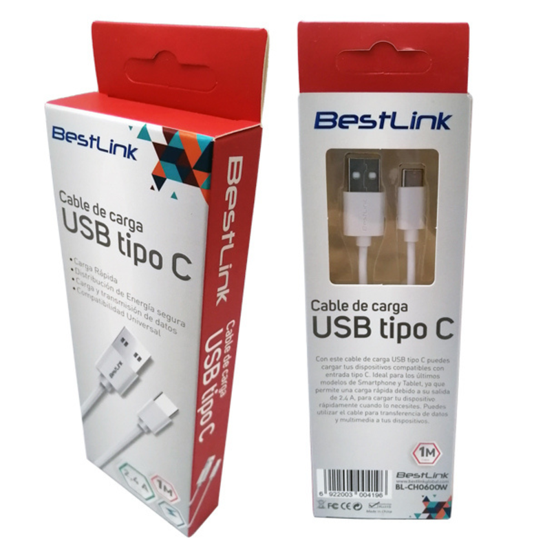 Cable de carga USB tipo C carga rápida de 2.4amp 1M-2