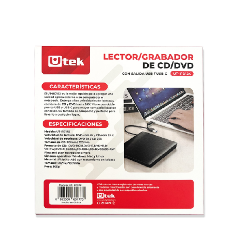 Lector y Grabador de CD/DVD USB Dual - Modelo UT-RD12X, Alta Velocidad-2